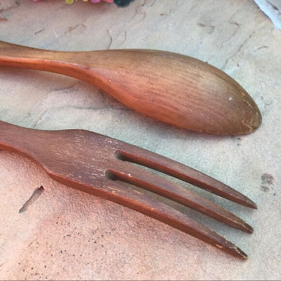 Vintage Hardwood Spoon Fork Salad Serving Decorative Utensil Set - Picture 7 of 13
